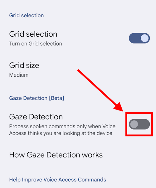Tap the toggle switch for Gaze detection to turn it on